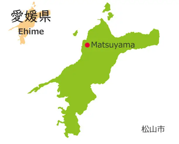 Vector illustration of Ehime Prefecture and prefectural capitals, cute hand-drawn style map