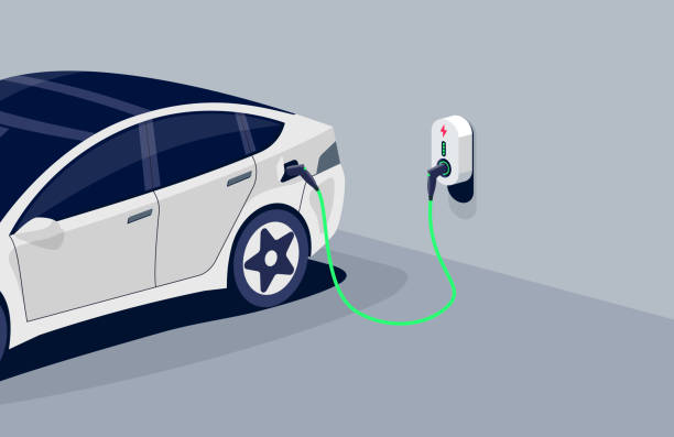 Electric car charging in home garage plugged to home charger station. Electric car charging in underground garage plugged to home charger station. Battery EV vehicle standing parking lot connected to wall box. Vector illustration being charged with power supply socket. ev charging stock illustrations