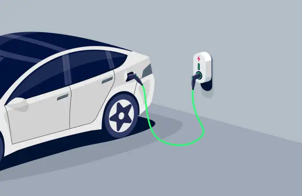 Vector illustration of Electric car charging in home garage plugged to home charger station.