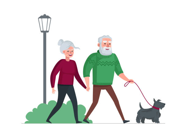 ilustrações, clipart, desenhos animados e ícones de casal de idosos avós aposentados andando com cachorro no parque. pessoas velhas passando tempo ao ar livre. idosos curtindo passeio com animal de estimação. relações de lazer familiar. ilustração vetorial - casal de meia idade