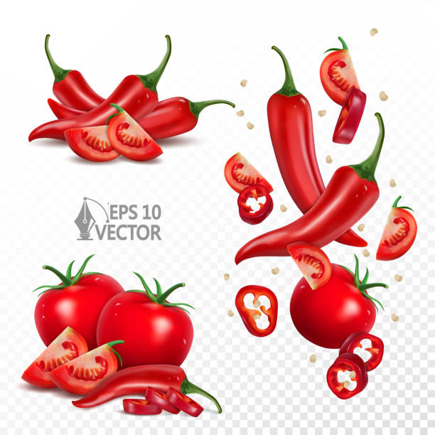Ripe tomatoes and chili peppers set, natural fresh vegetables, falling pieces and slices, 3d realistic vector illustration Realistic ripe tomatoes and chili peppers, natural fresh vegetables, falling pieces and slices, 3d vector icon set tomato slice stock illustrations