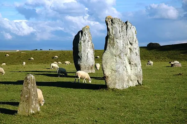 Megalithic stones in a meadow in Avebury, England