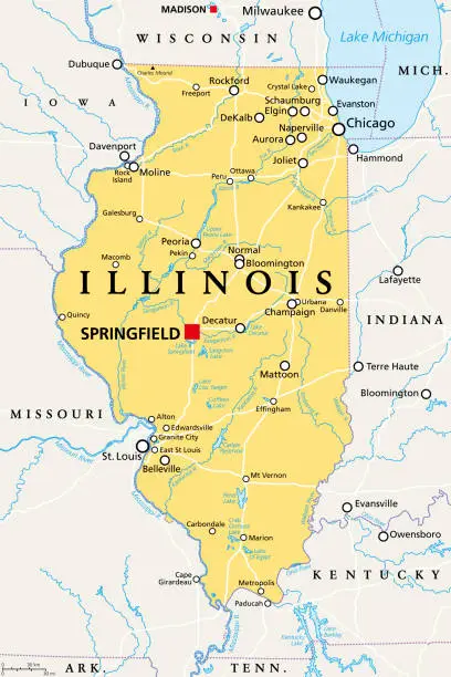 Vector illustration of Illinois, IL, political map, US state, nicknamed Land of Lincoln