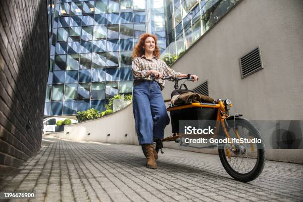 Cargo Bike Stock Photo - Download Image Now - Cargo Bike, Women, Bicycle Basket