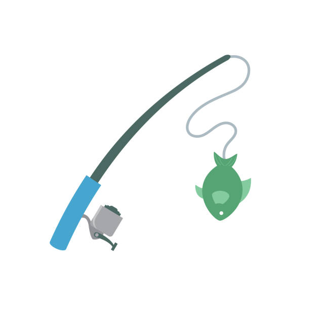 illustrazioni stock, clip art, cartoni animati e icone di tendenza di canna da pesca - cute simple flat color fishing icon - canna da pesca