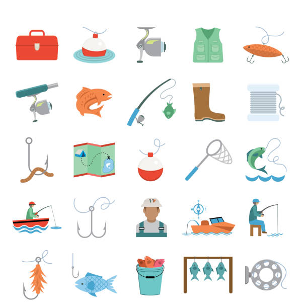 Cute Simple Flat Color Fishing Icon Set A cute fishing-themed icon set done in flat colors on a transparent background. File includes EPS Vector and high-resolution jpg. hook equipment stock illustrations