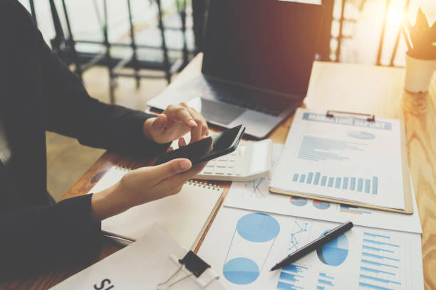 istock Business process photo. Account manager using mobile phone. Typing contemporary smartphone screen. Horizontal. 1396678793