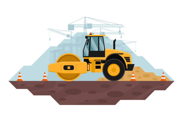 ilustrações de stock, clip art, desenhos animados e ícones de soil compactor performing work of leveling and compaction of land, heavy machinery used in the construction and mining industry. safety cones - coal crane transportation cargo container