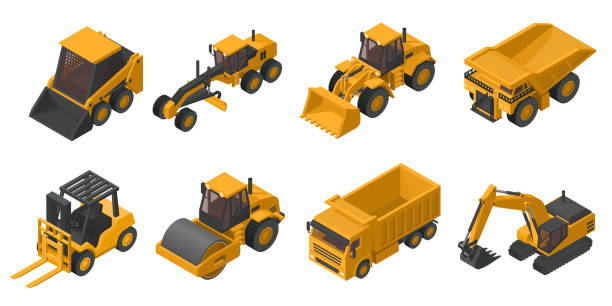 Set of 3D isometric heavy machinery used in the construction and mining industry,, front loader, dump truck, excavator, skid steer, mining truck, motor grader, soil compactor and lift truck Set of 3D isometric heavy machinery used in the construction and mining industry,, front loader, dump truck, excavator, skid steer, mining truck, motor grader, soil compactor and lift truck construction vehicle stock illustrations
