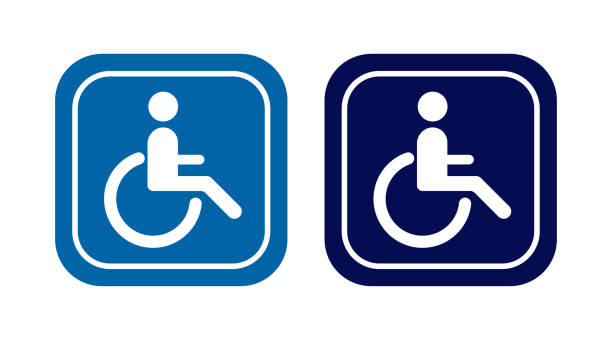 illustrazioni stock, clip art, cartoni animati e icone di tendenza di icona handicap disabilitata. simbolo dell'uomo in sedia a rotelle. cartello vettore di parcheggio. - disabled accessible boarding sign