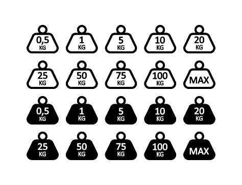 Weight icon. 0,5, 1, 5, 10, 20, 25, 50, 75, 100 kg illustration symbol. Sign heavy load vector.