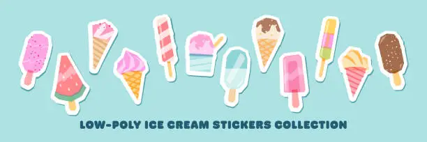Vector illustration of Set of Summer Ice Cream Stickers, modern flat design.