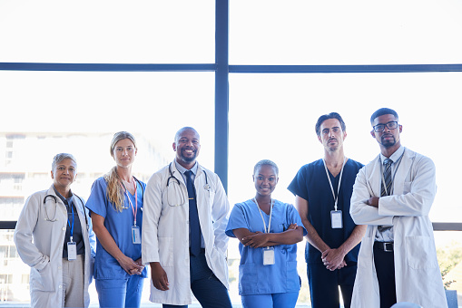 Portrait of a diverse group of doctors and surgeons smiling while standing side by side together by hospital windows