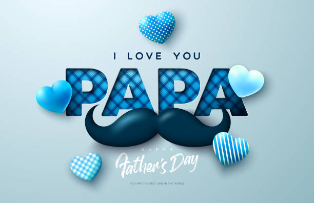 bildbanksillustrationer, clip art samt tecknat material och ikoner med happy father's day greeting card design with heart and mustache on light background. vector celebration illustration with i love you papa checkered lettering. template for banner, flyer or poster. - fathers day