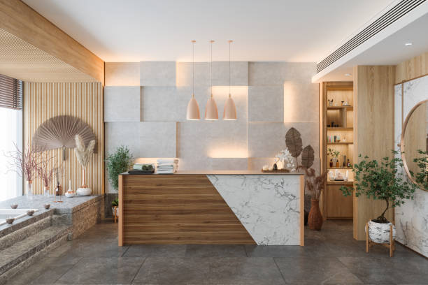 reception area of modern spa with reception desk, potted plants, decorative objects and marble floor - spa treatment health spa beauty spa beauty imagens e fotografias de stock