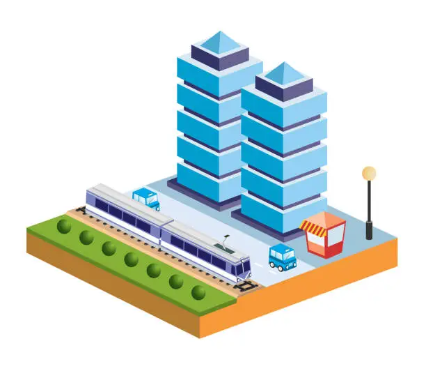 Vector illustration of Isometric landscape structure of city buildings, skyscrapers, streets