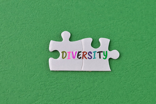 Jigsaw puzzle pieces written with DIVERSITY isolated on a green background