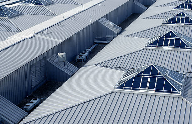 An aerial view of building rooftops