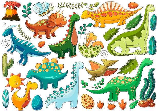 Illustration in hand drawn style. Children's drawings for your design Big set of vector illustrations in hand drawn style. Children's drawings, poster for dinosaur lovers. Collection of badges, stickers. Dinosaur, egg, volcano paleontologist stock illustrations