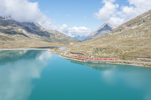 Spectacular view of the Swiss Alps and lake in Graubunden canton in Switzerland. No people, landscape only.