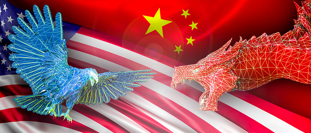 United States of America and China on the economic dispute over import and exports concept.business conflicts, taxes. Flags USA and Chinese flags on the background of dragons and eagles-3d Rendering