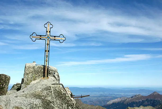 The cross at the top of Gerlach Peak in the High Tatras, Slovakia. Gerlach Peak (2655 m) is the highest mountain in Slovakia, in the High Tatras and in the Carpathians.