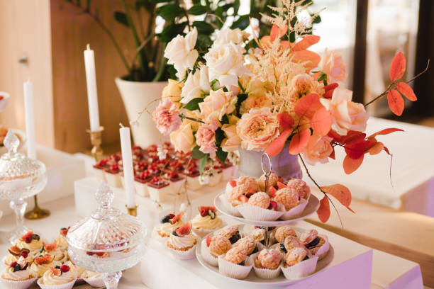 istock Candy bar with tasty desserts and appetizers at the wedding reception. 1396691043