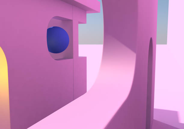 Abstract surreal pink architectural forms with arches and golden ball for background. 3D illustration