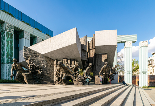 Warsaw, Poland - May 01, 2022: famous monument and building of the Museum of the Warsaw Uprising. A popular tourist attraction in the capital of Poland. The memory of the victims of Nazism in Eastern Europe and World War II
