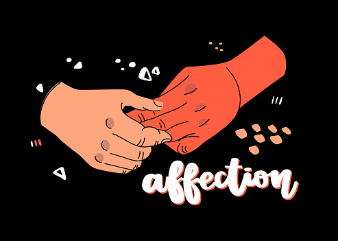 Illustration of interlocing hands, two people of different races. Hand drawn lettering- affection. Hand drawn vector illustration isolated on black background.