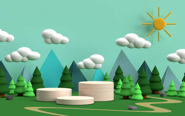 istock Podium for kids or babys with mountains, forest, clouds and sun 3D rendering 1396693501