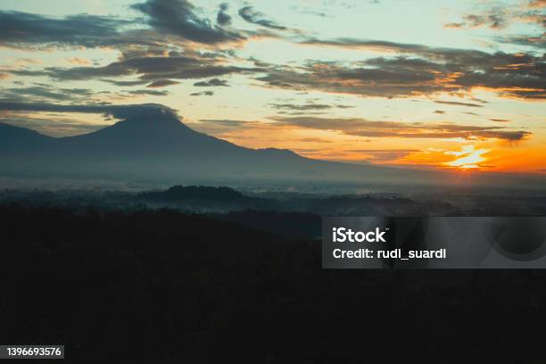 Borobudur Temple And Mount Merapi Seen From Gereja Ayam Yogyakarta Stock Photo - Download Image Now