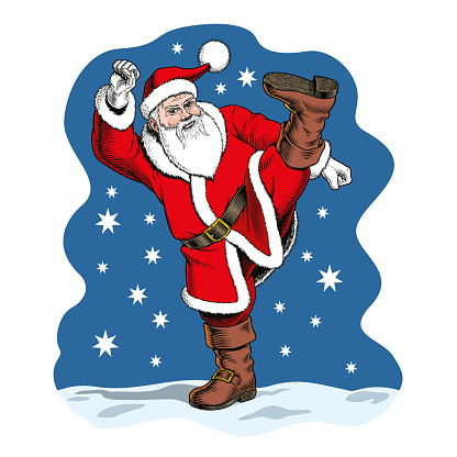 Kung Fu Santa vector illustration. Santa Claus fighter practices martial arts. Greeting card, banner or poster.