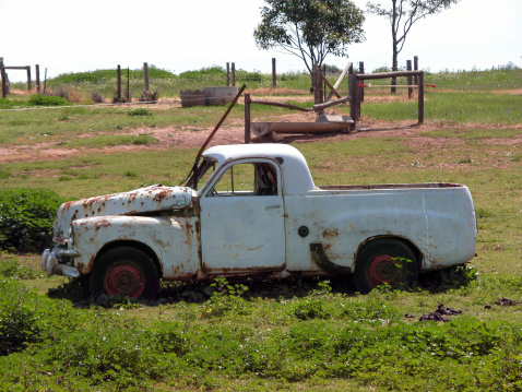 An FJ Holden pick up (ute) rusting in a paddock in south australia