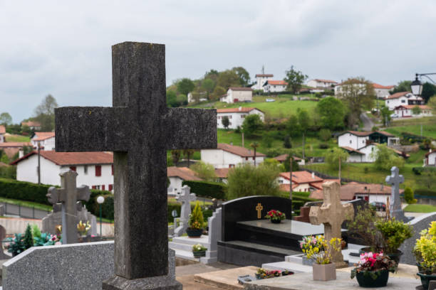 croix au cimetière de briscous. pays basque. beskoitze. - cemetery crossing green grass photos et images de collection