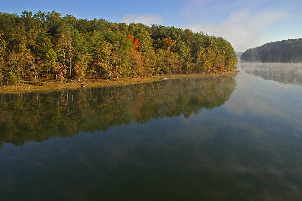 Fall Sunrise with fog stock photo