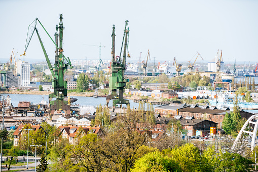 The Port of Gdansk and shipyard in a sunny day. View from above.