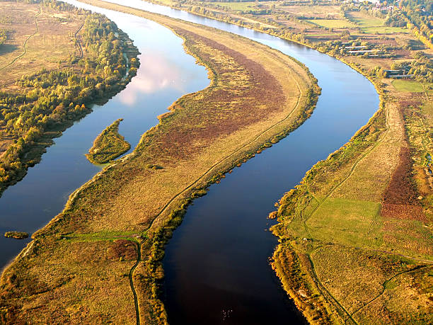 Aerial view Aerial view of river curve. river system stock pictures, royalty-free photos & images