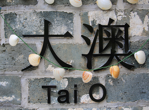 the wall with the writing of Tai o in chinese and English name at Hong Kong