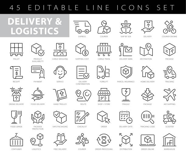 delivery and logistics icon set. thin line series - nakliye dağıtımı stock illustrations