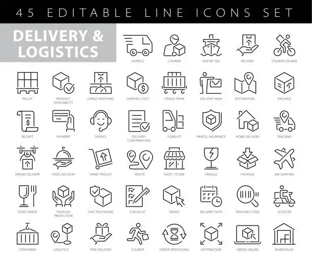 Vector illustration of Delivery and Logistics Icon set. Thin Line Series