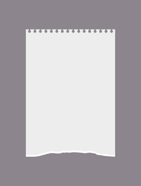 White empty torn out notebook piece, realism, vector illustration White empty torn out notebook piece, realism, vector illustration isolated on gray background. Lacerated bottom edge, top spring slots, blank paper sheet scrap metal stock illustrations