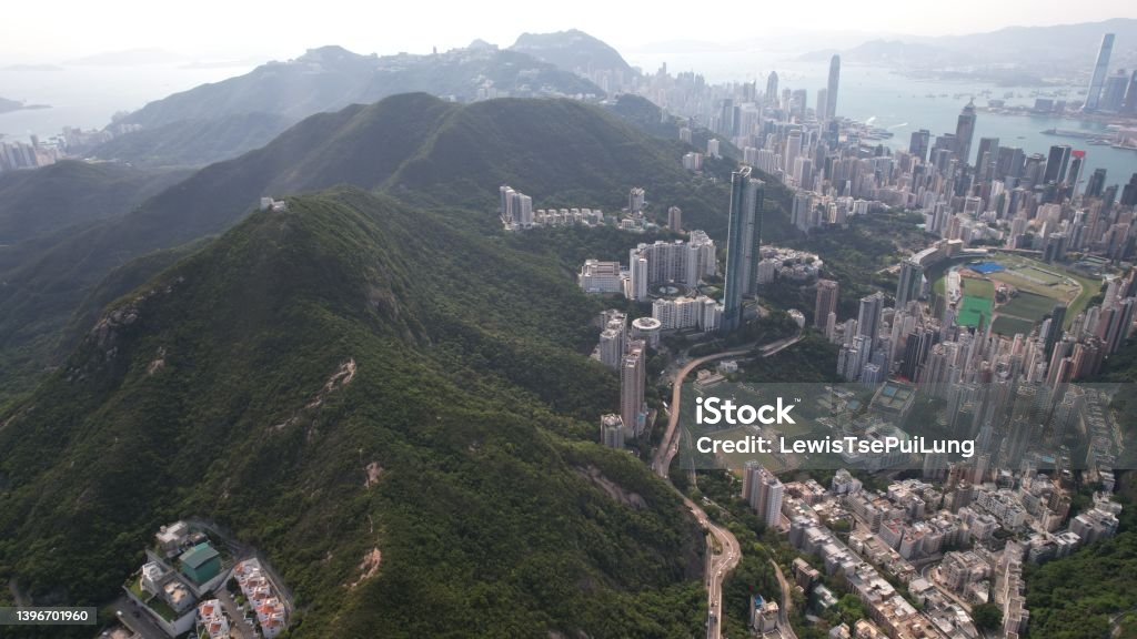 Aberdeen Country Park and the peak view in Hong Kong island, with the far view of central area and vicotria harbour Aberdeen - Hong Kong Stock Photo