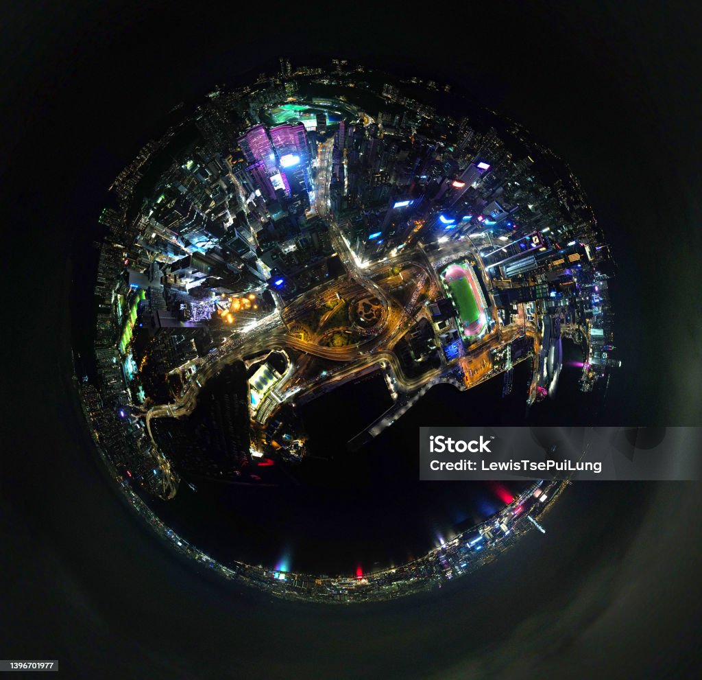 cityscape of Hong Kong island in tiny planet pattern, look like eye ball Highway Stock Photo