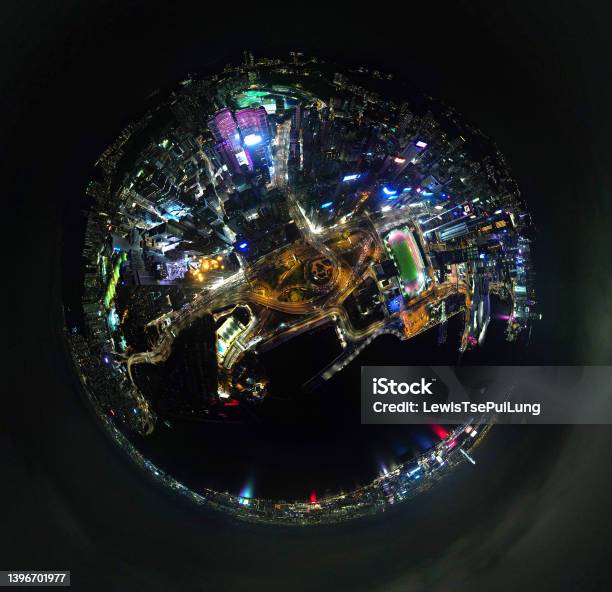 Cityscape Of Hong Kong Island In Tiny Planet Pattern Look Like Eye Ball Stock Photo - Download Image Now