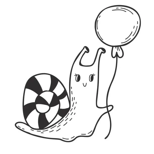 Vector illustration of Cute snail with a balloon. Linear hand drawn doodle. Funny mollusk-snail. Vector illustration.