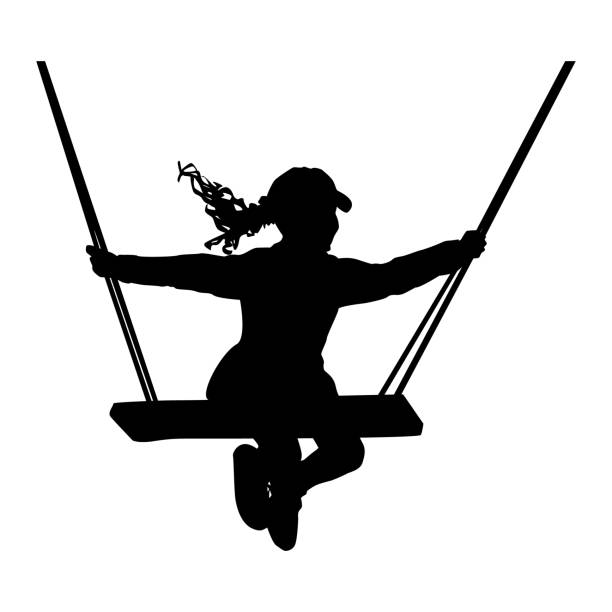 ilustraciones, imágenes clip art, dibujos animados e iconos de stock de silueta de chica en columpio de cuerda aislado sobre fondo blanco. niño divirtiéndose en el columpio al aire libre. - swing child silhouette swinging