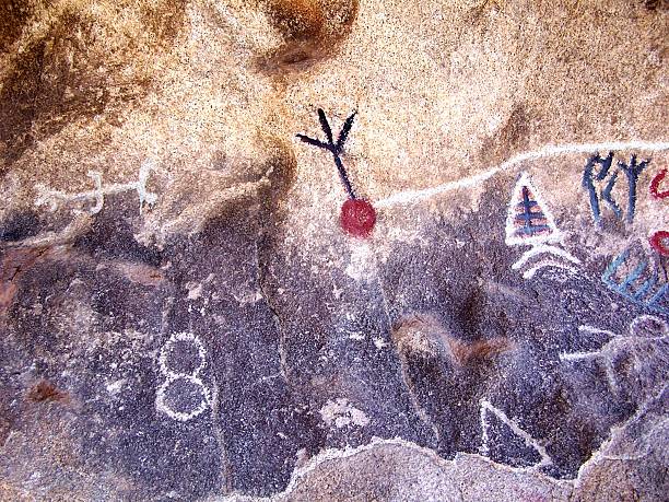 Petroglyphs Native american petroglyphs subject to vandalism (painted over). Taken in Joshua Tree National Park. plushka stock pictures, royalty-free photos & images