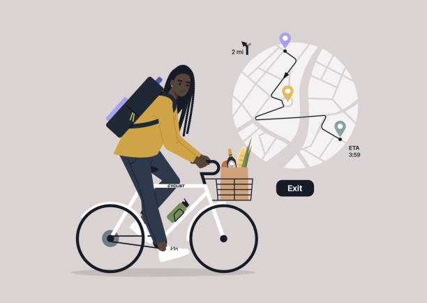 illustrations, cliparts, dessins animés et icônes de un jeune personnage féminin africain à vélo avec un navigateur, une technologie de géolocalisation, un itinéraire avec des arrêts - rental unit