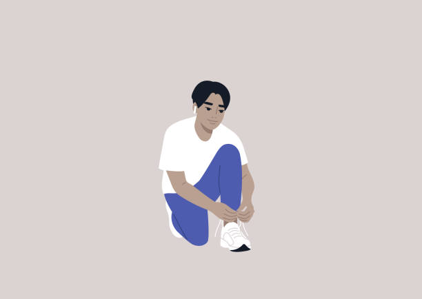 młoda azjatycka postać męska wiążąca buty, codzienny rutynowy rytuał - hand on knee audio stock illustrations